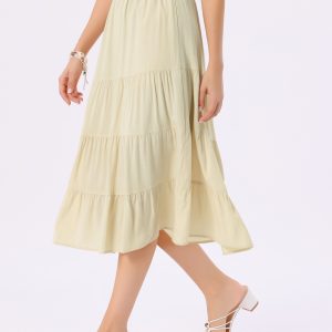 Midi Solid Elastic Waist Flare Tiered Long Pockets A-Line Skirt Apricot/S - Allegra K catalog