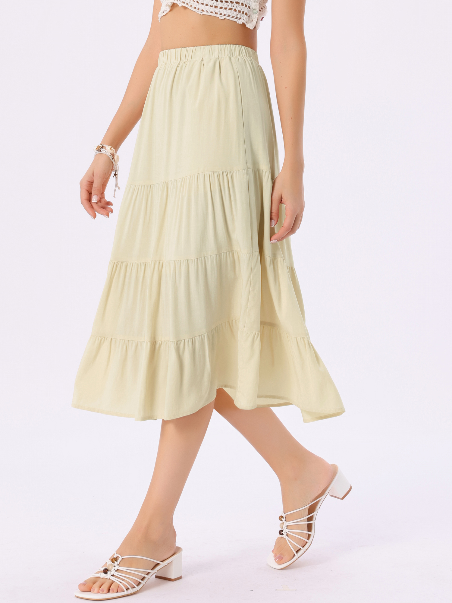 Midi Solid Elastic Waist Flare Tiered Long Pockets A-Line Skirt Apricot/S - Allegra K catalog