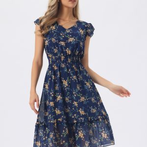 Floral Flutter Sleeve V Neck Smocked Ruffle Dress Navy Blue/L - Allegra K catalog