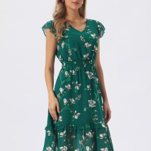 Floral Flutter Sleeve V Neck Smocked Ruffle Dress Dark Green/L - Allegra K catalog
