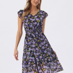Floral Flutter Sleeve V Neck Smocked Ruffle Dress Purple Black/XL - Allegra K catalog