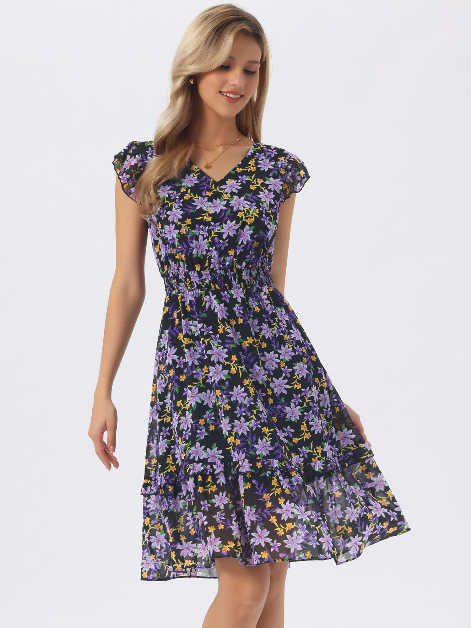 Floral Flutter Sleeve V Neck Smocked Ruffle Dress Purple Black/XL - Allegra K catalog