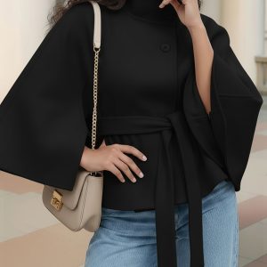 Stand Collar Solid Color Belted Cape Coat Black/XL - Allegra K catalog