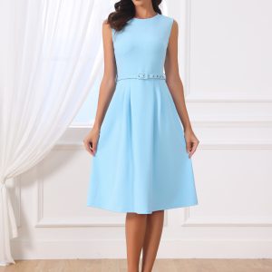 Work Sleeveless Crew Neck Belted A-Line Office Dress Sky Blue/M - Allegra K catalog
