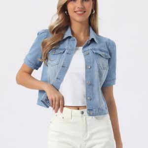 Casual Short Puff Sleeves Button-Down Jean Denim Jacket Light Blue/M - Allegra K catalog