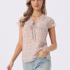 Ditsy Floral Print Chiffon Short Sleeve Ruffle Blouse Pale Pink/L - Allegra K catalog