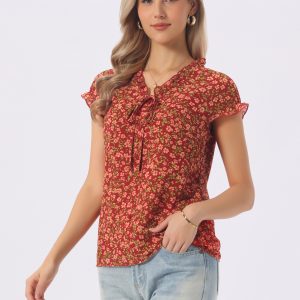 Ditsy Floral Print Chiffon Short Sleeve Ruffle Blouse Red/XL - Allegra K catalog