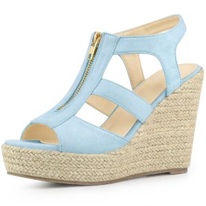 Women's Platform Heels Slingback Zipper Wedge Sandals Light Blue/7.5 - Allegra K catalog