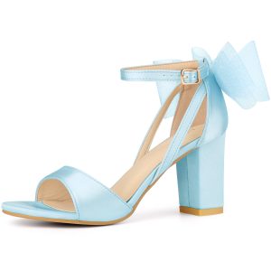 Women's Mesh Bow Ankle Strap Open Toe Chunky Heel Sandals Light Blue/10 - Allegra K catalog