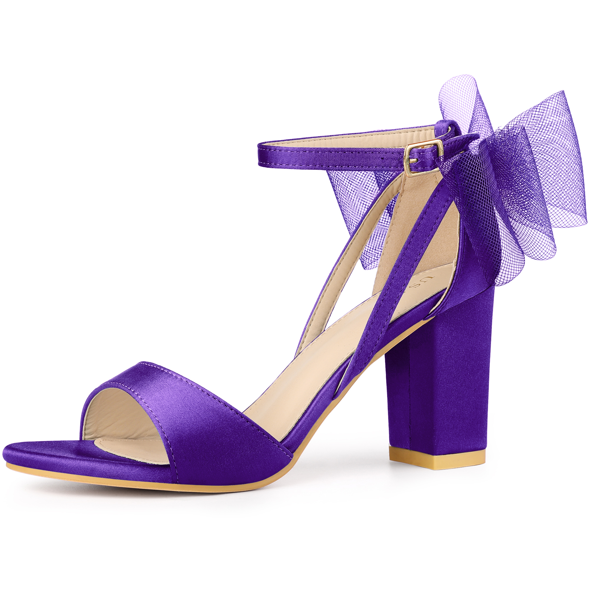 Women's Mesh Bow Ankle Strap Open Toe Chunky Heel Sandals Dark Purple/6.5 - Allegra K catalog