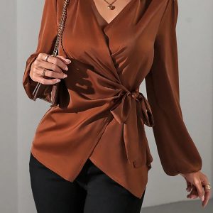 Puff Long Sleeve Satin Tie Waist Wrap Blouse Brown/XL - Allegra K catalog