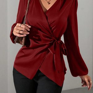 Puff Long Sleeve Satin Tie Waist Wrap Blouse Burgundy/S - Allegra K catalog