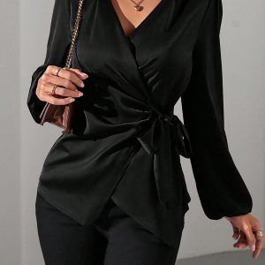 Puff Long Sleeve Satin Tie Waist Wrap Blouse Black/L - Allegra K catalog
