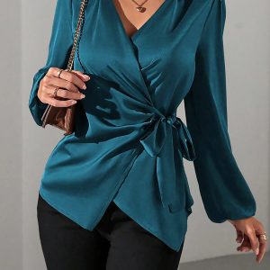 Puff Long Sleeve Satin Tie Waist Wrap Blouse Dark Green/L - Allegra K catalog