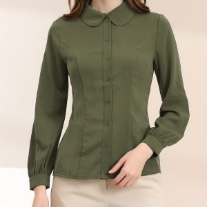 Peter Pan Collar Business Casual Work Shirts Army Green/M - Allegra K catalog