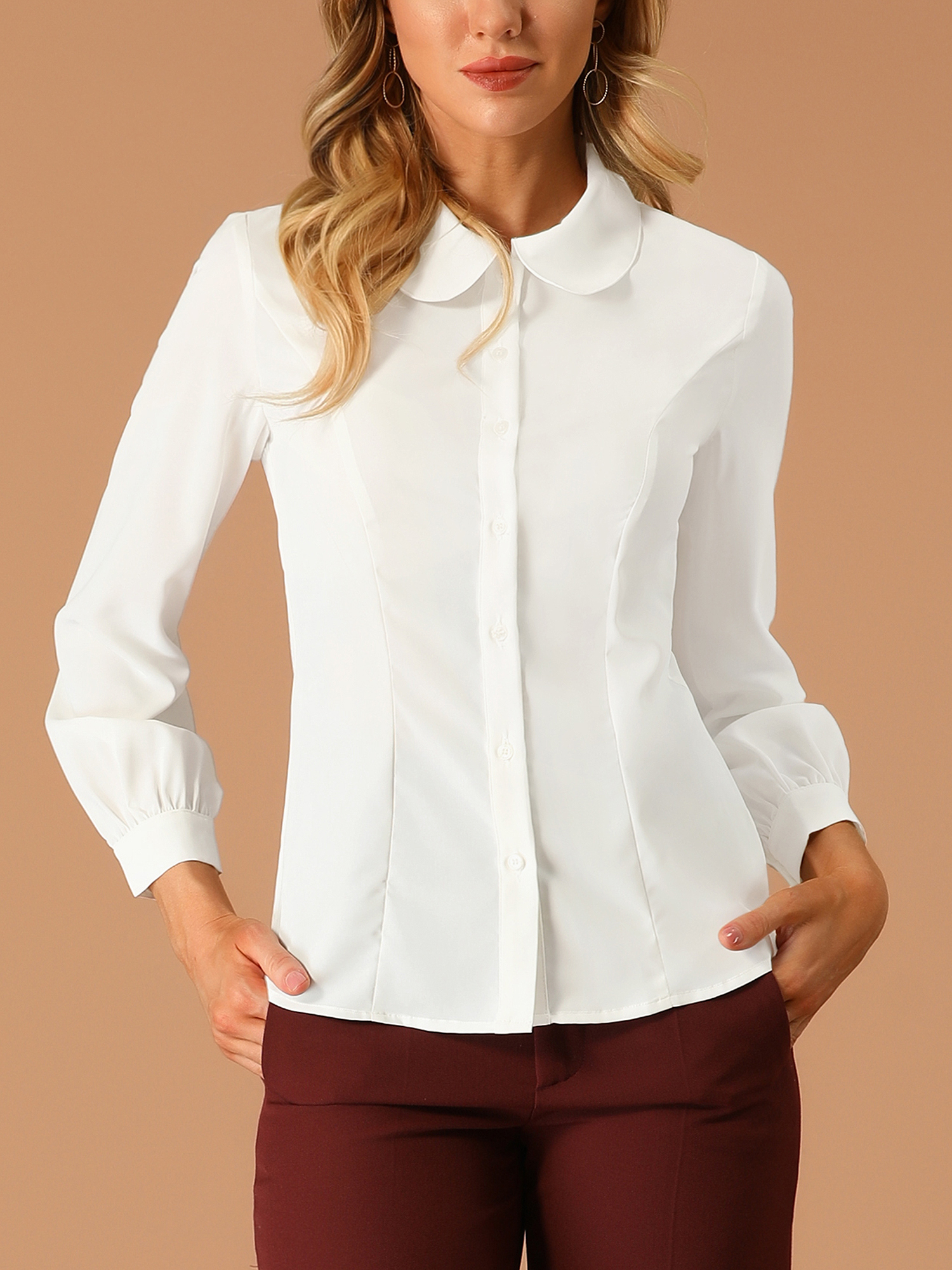 Peter Pan Collar Business Casual Work Shirts Cream White/XS - Allegra K catalog