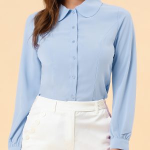 Peter Pan Collar Business Casual Work Shirts Light Blue/L - Allegra K catalog