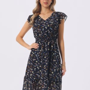 Floral Flutter Sleeve V Neck Smocked Ruffle Dress Dark Blue Yellow/L - Allegra K catalog