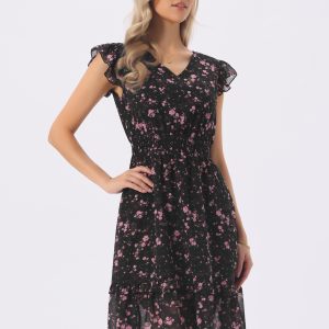 Floral Flutter Sleeve V Neck Smocked Ruffle Dress Black Pink Flower/XL - Allegra K catalog