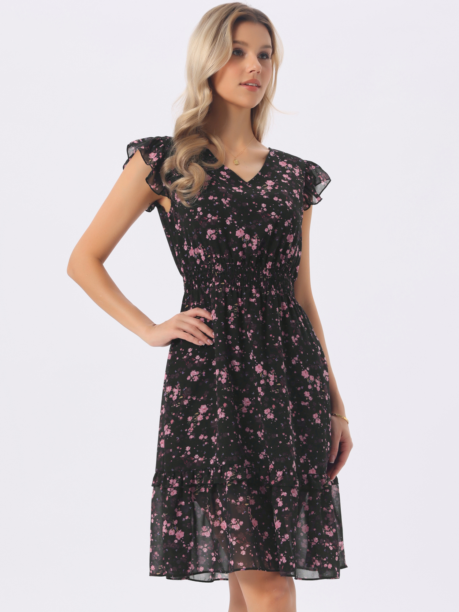Floral Flutter Sleeve V Neck Smocked Ruffle Dress Black Pink Flower/XL - Allegra K catalog