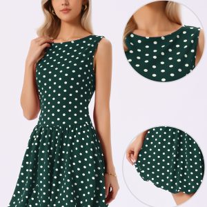 Polka Dot Sleeveless Crew Neck Mini Puff Dress Dark Green/S - Allegra K catalog