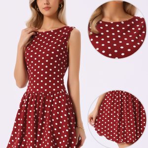 Polka Dot Sleeveless Crew Neck Mini Puff Dress Dark Red/M - Allegra K catalog