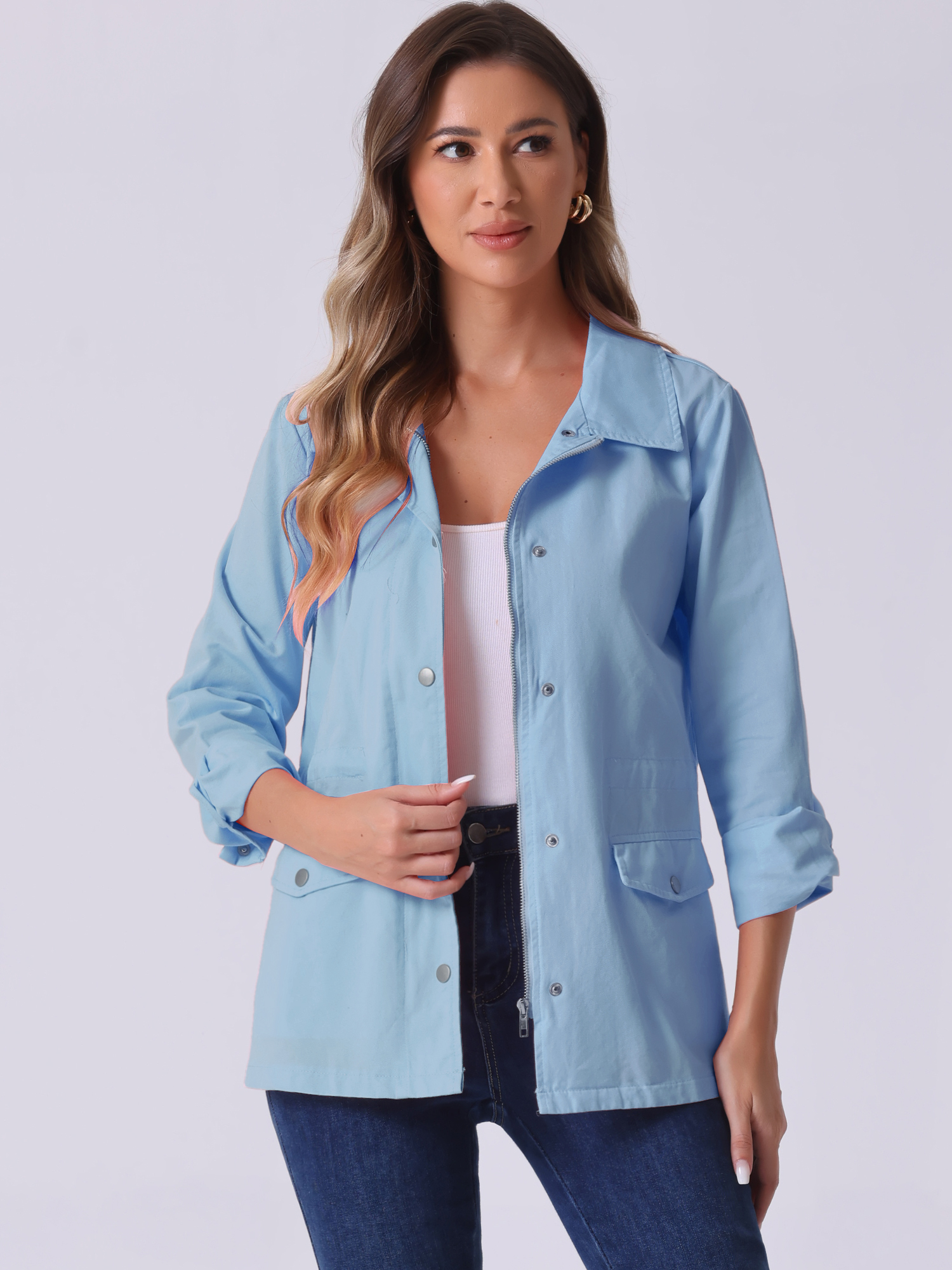 Drawstring Waist Flap Pocket Lightweight Utility Safari Jacket Light Grey Blue/XS - Allegra K catalog