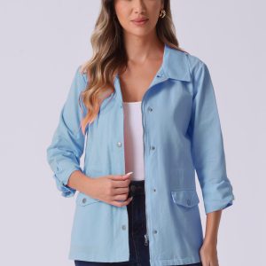 Drawstring Waist Flap Pocket Lightweight Utility Safari Jacket Light Grey Blue/S - Allegra K catalog