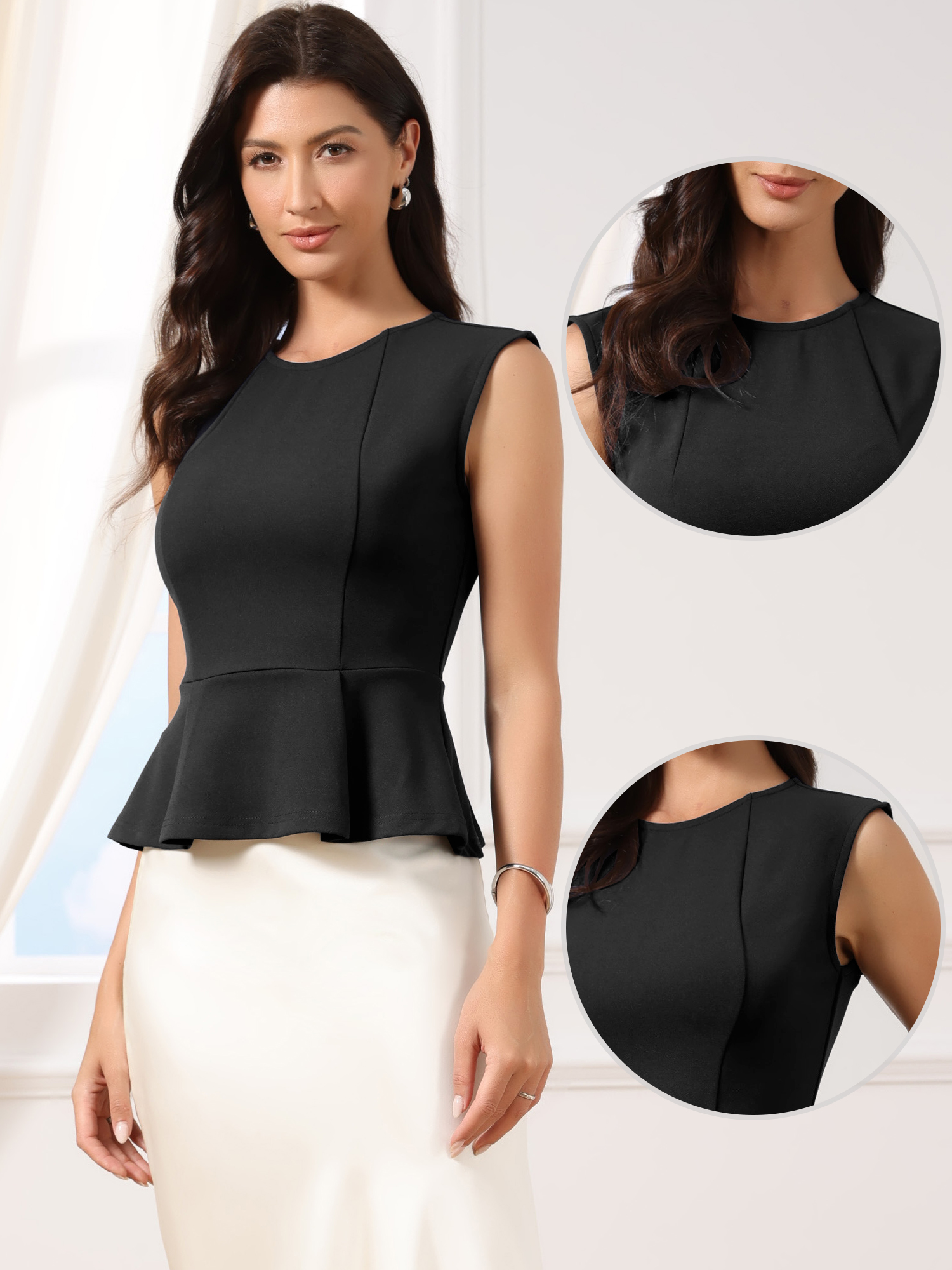 Sleeveless Crew Neck Flared Hem Work Office Peplum Blouse Black/M - Allegra K catalog