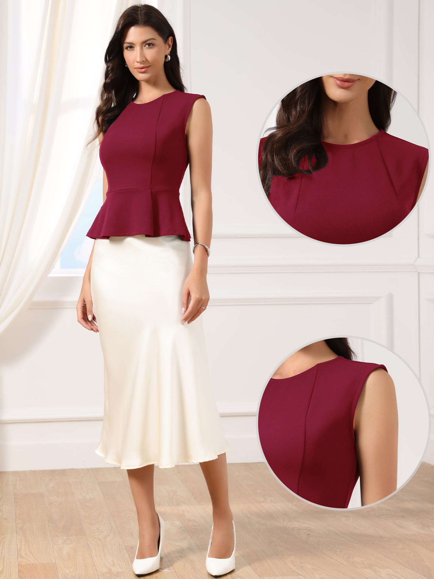Sleeveless Crew Neck Flared Hem Work Office Peplum Blouse Burgundy/S - Allegra K catalog