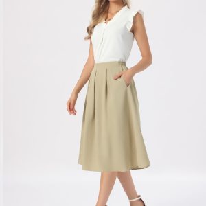 Pleated High Waisted Vintage A-Line Business Casual Midi Skirts Khaki/M - Allegra K catalog