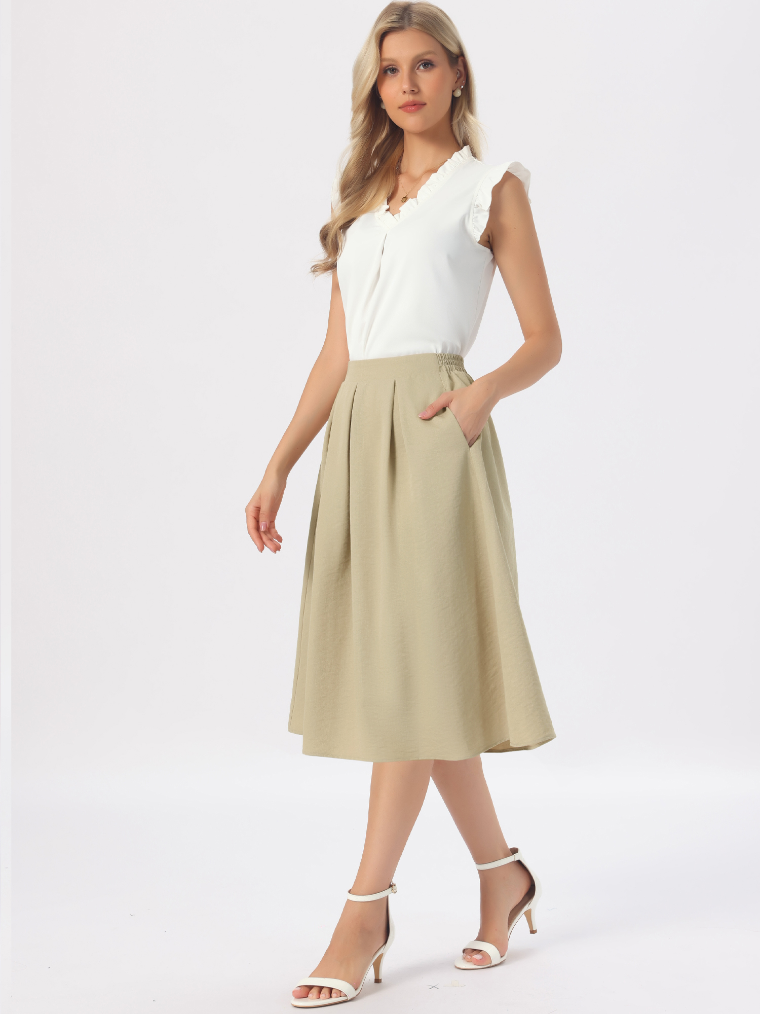 Pleated High Waisted Vintage A-Line Business Casual Midi Skirts Khaki/M - Allegra K catalog
