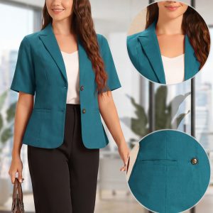 Cotton Linen Office Business Short Sleeve Notched Lapel Blazer Jacket Peacock Blue/XL - Allegra K catalog