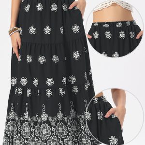Boho Floral A-Line Tiered Maxi Skirt With Pockets Black/S - Allegra K catalog