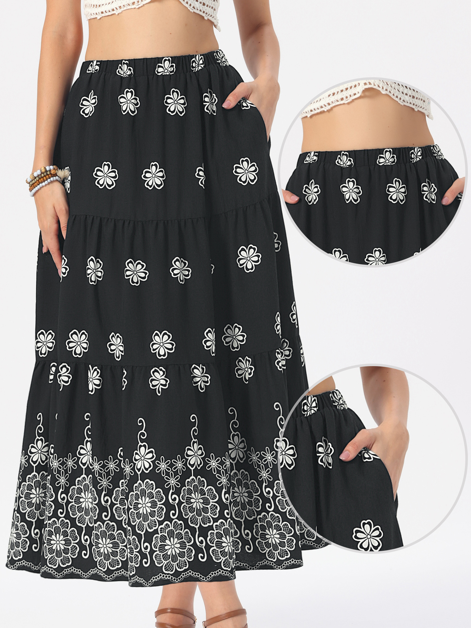 Boho Floral A-Line Tiered Maxi Skirt With Pockets Black/XL - Allegra K catalog