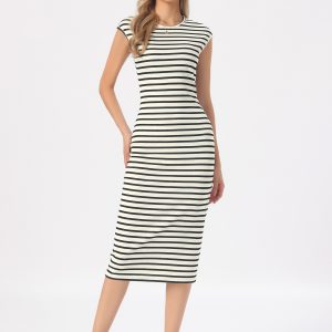 Striped Crew Neck Cap Sleeve Knit Midi Dress Apricot Black/S - Allegra K catalog