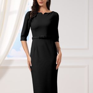 3/4 Sleeve Notch Neck Belted Formal Midi Work Dress Black/XL - Allegra K catalog