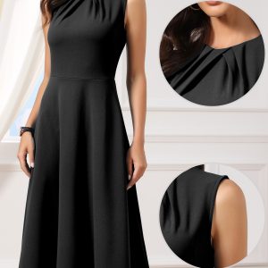 Pleated Crew Neck Sleevess Work A-Line Midi Dress Black/M - Allegra K catalog