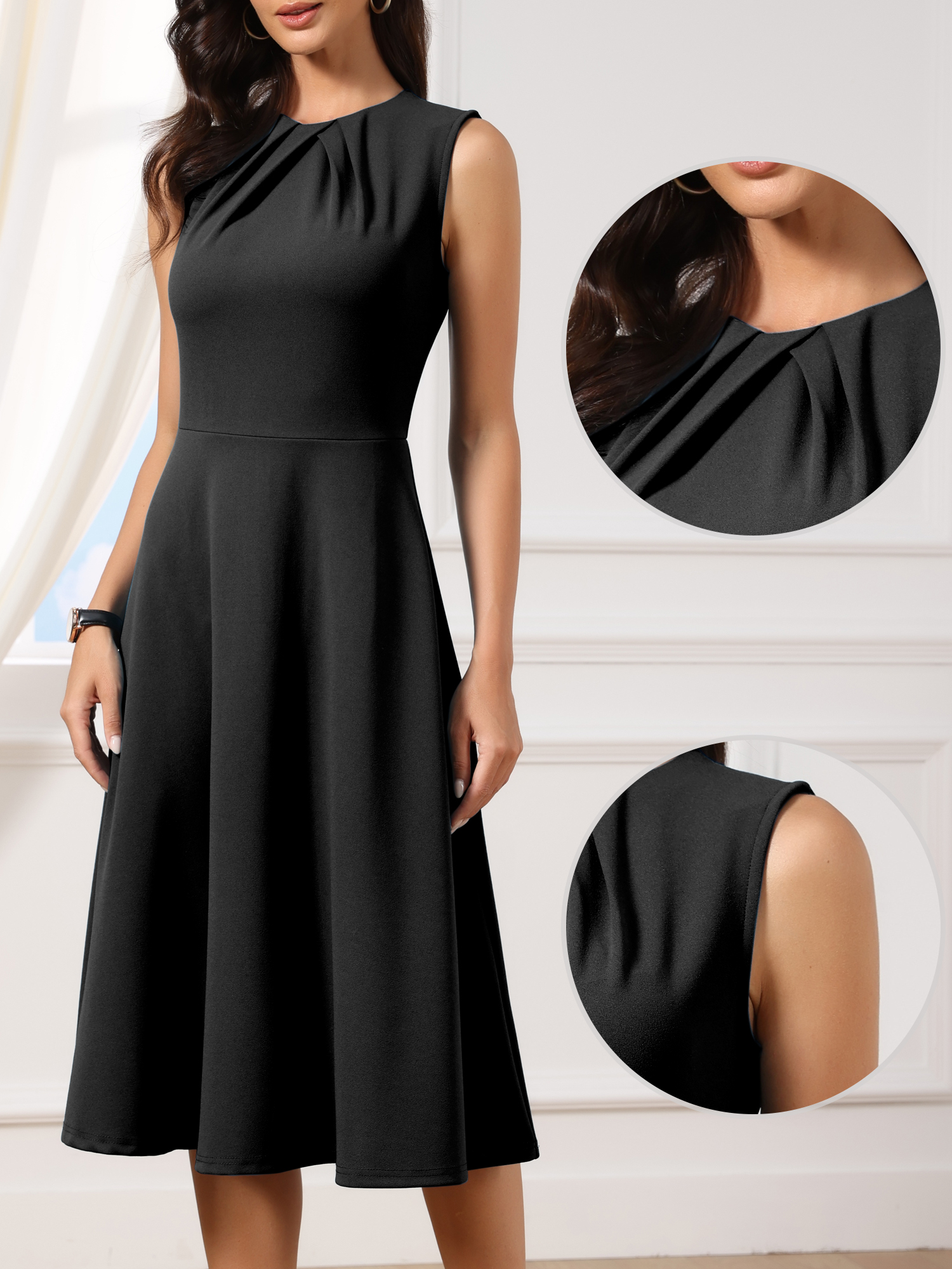 Pleated Crew Neck Sleevess Work A-Line Midi Dress Black/L - Allegra K catalog