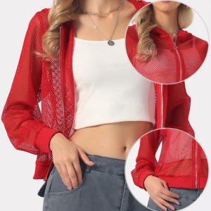 Zip Up Long Sleeve Mesh Sheer Hoodie Bomber Jackets Red/XS - Allegra K catalog