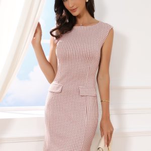 Sleeveless Boat Neck Vintage Houndstooth Work Dress Pink/S - Allegra K catalog