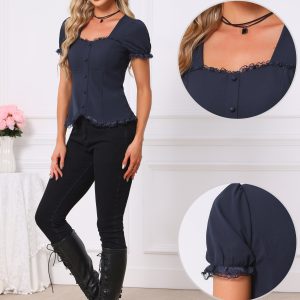 Sweetheart Neck Puff Short Sleeve Lace Up Gothic Blouse Dark Blue/S - Allegra K catalog
