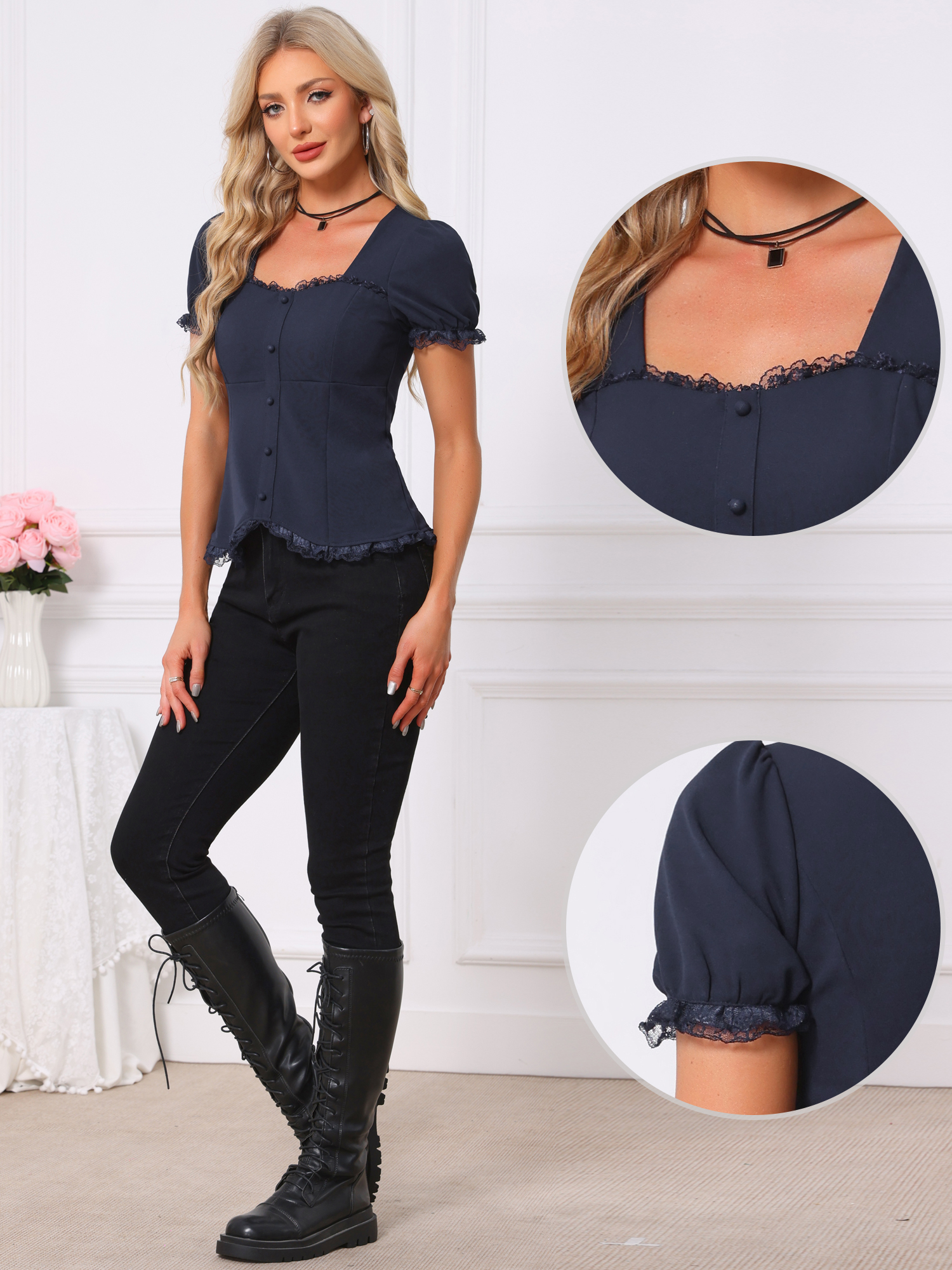 Sweetheart Neck Puff Short Sleeve Lace Up Gothic Blouse Dark Blue/S - Allegra K catalog