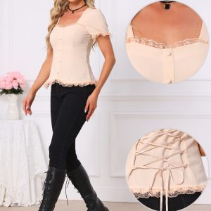 Sweetheart Neck Puff Short Sleeve Lace Up Gothic Blouse Beige/L - Allegra K catalog