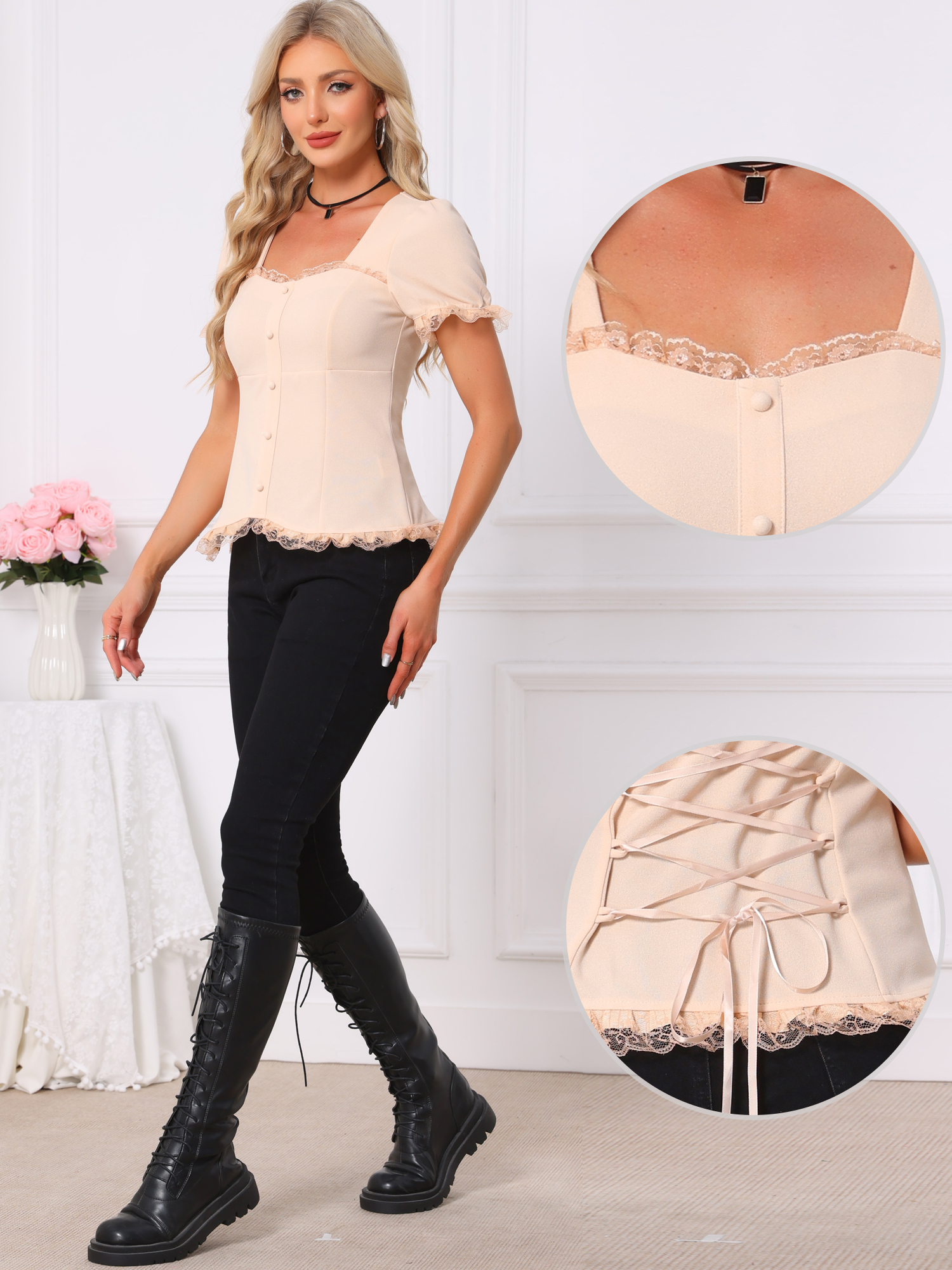 Sweetheart Neck Puff Short Sleeve Lace Up Gothic Blouse Beige/XL - Allegra K catalog