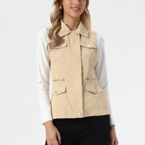 Zip Up Pockets Sleeveless Cargo Jacket Utility Vest Dark Tan/XS - Allegra K catalog