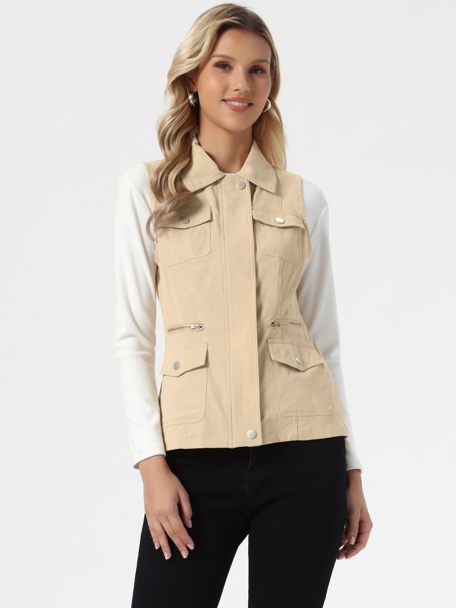 Zip Up Pockets Sleeveless Cargo Jacket Utility Vest Dark Tan/L - Allegra K catalog