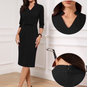 3/4 Sleeve Collared V Neck Business Office Sheath Dress Black/M - Allegra K catalog