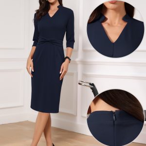 3/4 Sleeve Collared V Neck Business Office Sheath Dress Navy Blue/S - Allegra K catalog