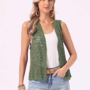 Floral Crochet Hollow Out Sleeveless Open Front Boho Vest Cardigan Army Green/XL - Allegra K catalog